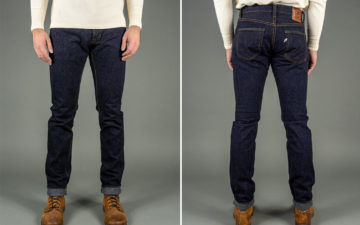 Break-Into-Pure-Blue-Japan's-BRK-013-ID-Broken-Twill-Slim-Tapered-Jeans-model-front-back