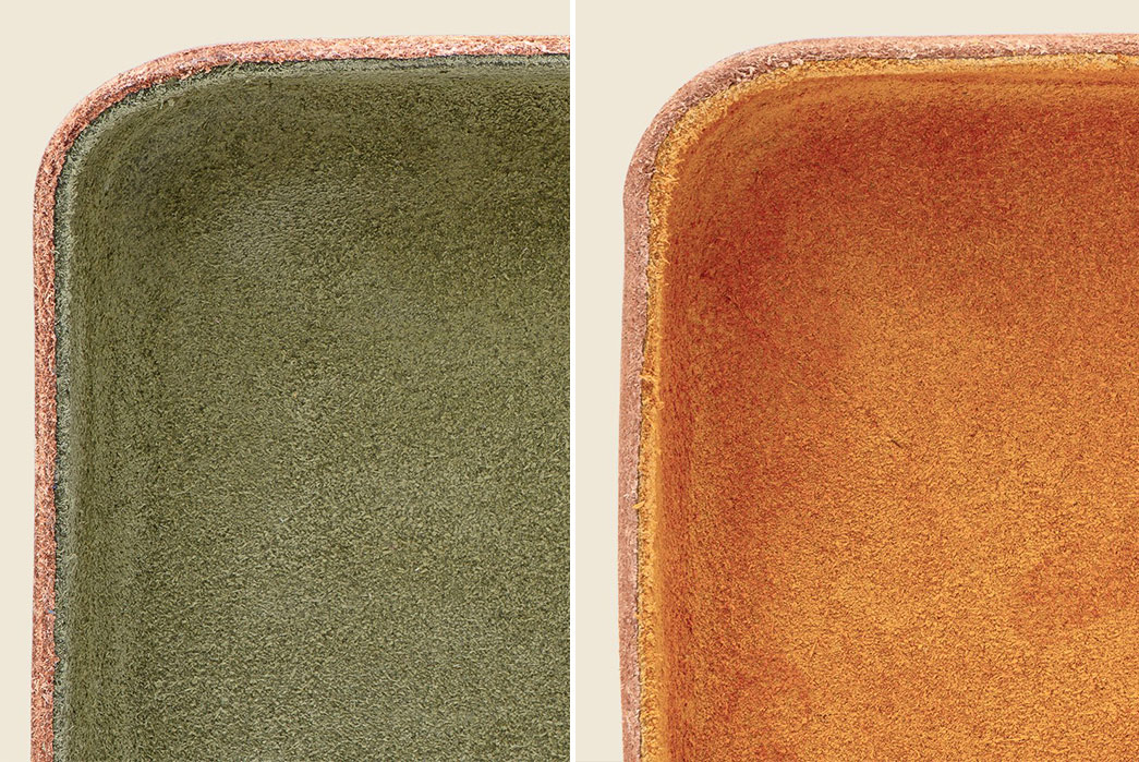 Give-Your-EDC-A-Best-Friend-With-Bar-W.R.'s-Suede-Valet-Trays-olive-and-orange-detailed