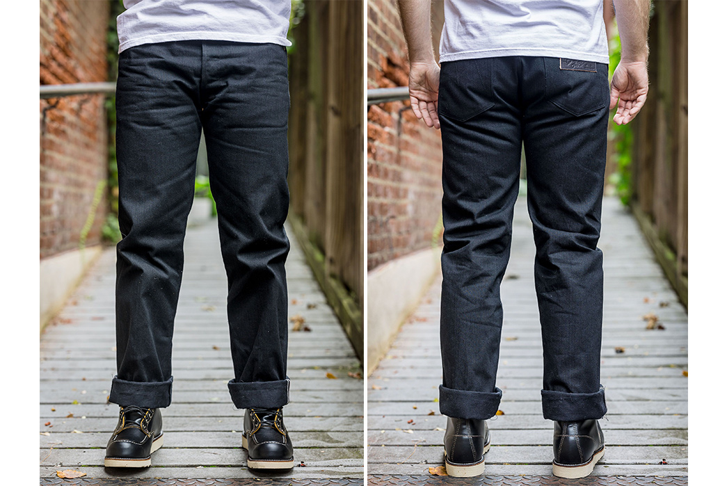 Be-An-Outlaw-In-The-Murdered-Out-Mister-Freedom-Lot.-64-Selvedge-Denim-Jeans-model-front-back
