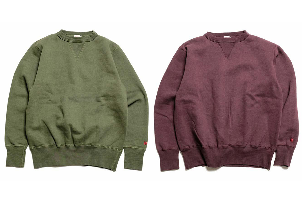 Hinoya-Made-Loopwheeled-Sweatshirts-fronts-grey-and-bordeaux