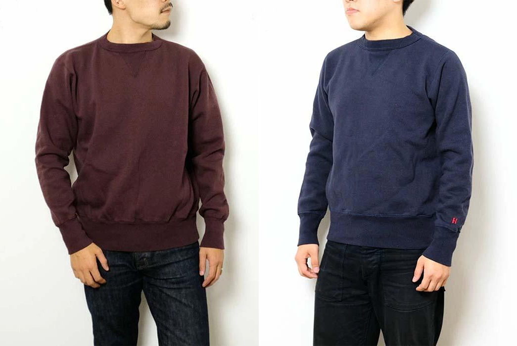 Hinoya-Made-Loopwheeled-Sweatshirts-model-fronts-bordeaux-and-dark-blue