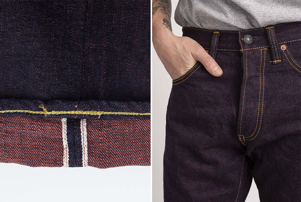 Studio-D'Artisan-Uses-Ancient-Red-Vegetable-Dye-For-Its-D1820S-Hinode-Jeans-leg-selvedge-and-model-front-top