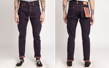Studio-D'Artisan-Uses-Ancient-Red-Vegetable-Dye-For-Its-D1820S-Hinode-Jeans-model-front-back