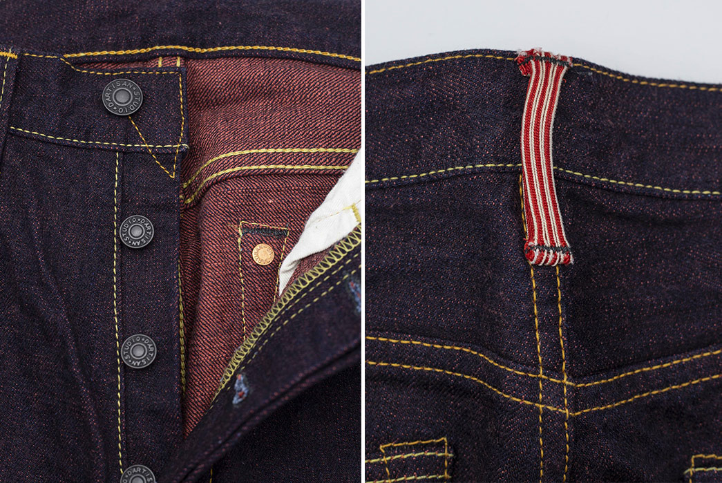Studio-D'Artisan-Uses-Ancient-Red-Vegetable-Dye-For-Its-D1820S-Hinode-Jeansfront-buttons-and-back-top