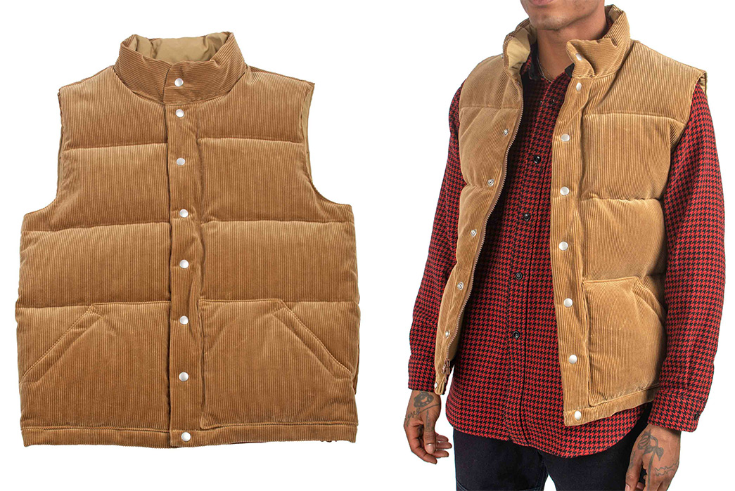 The-Real-McCoy's-Made-Its-Classic-Down-Vest-In-Rich-Brown-Corduroy-front-and model-side