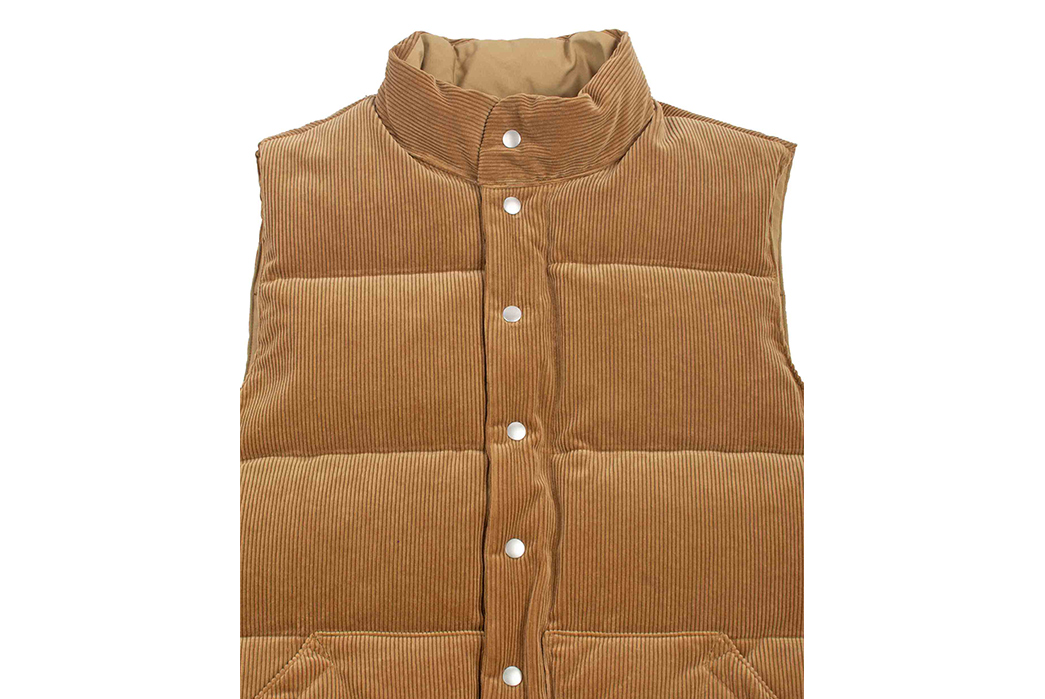 The-Real-McCoy's-Made-Its-Classic-Down-Vest-In-Rich-Brown-Corduroy-front-detailed