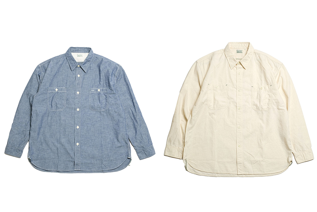 Burgus-Plus-Widens-It's-Chambray-Work-Shirt-For-SS22-fronts-blue-and-beige