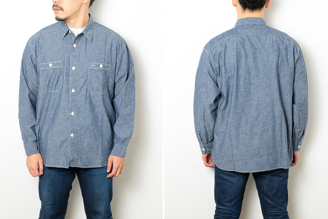 Burgus-Plus-Widens-It's-Chambray-Work-Shirt-For-SS22-model-front-back-blue