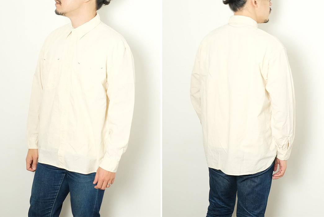 Burgus-Plus-Widens-It's-Chambray-Work-Shirt-For-SS22-model-front-backside-beige