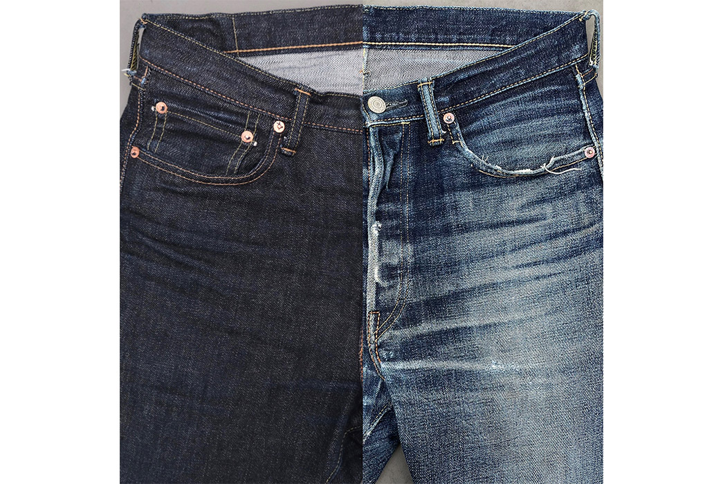 Fade-Friday---Fullcount-1110xx-15.5-Oz.-(1-Year,-7-Washes)-front-top-new-and-faded-halfs