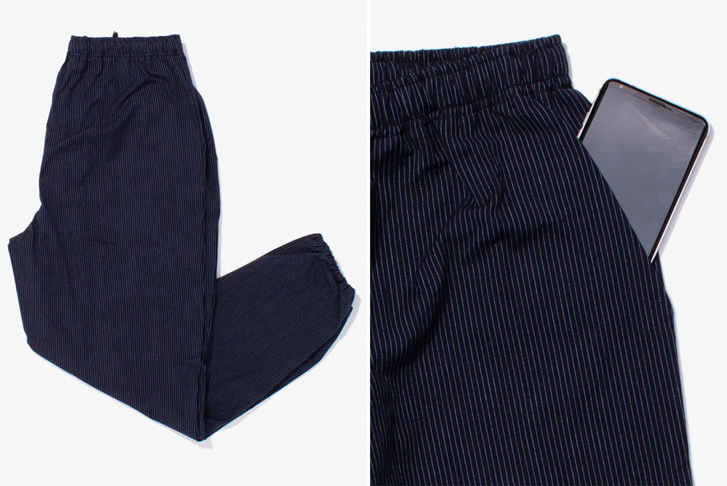 Kiriko-Introduces-A-Comfort-Casual-Staple---Japanese-Kasuri-Ori-Pants-folded-and-mobile-pocket