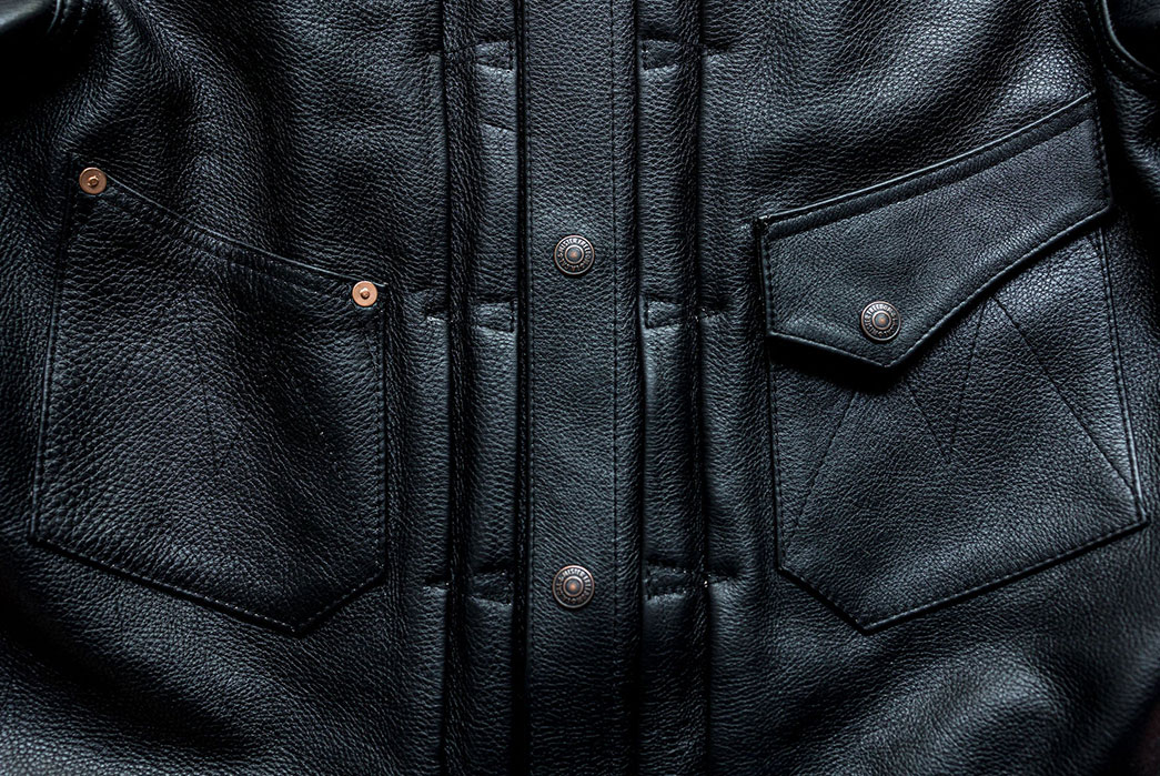 Up-Your-Leather-Game-With-Mister-Freedom's-Black-Veg-Tan-'Ringo'-Ranch-Blouse-front-button-and-pockets