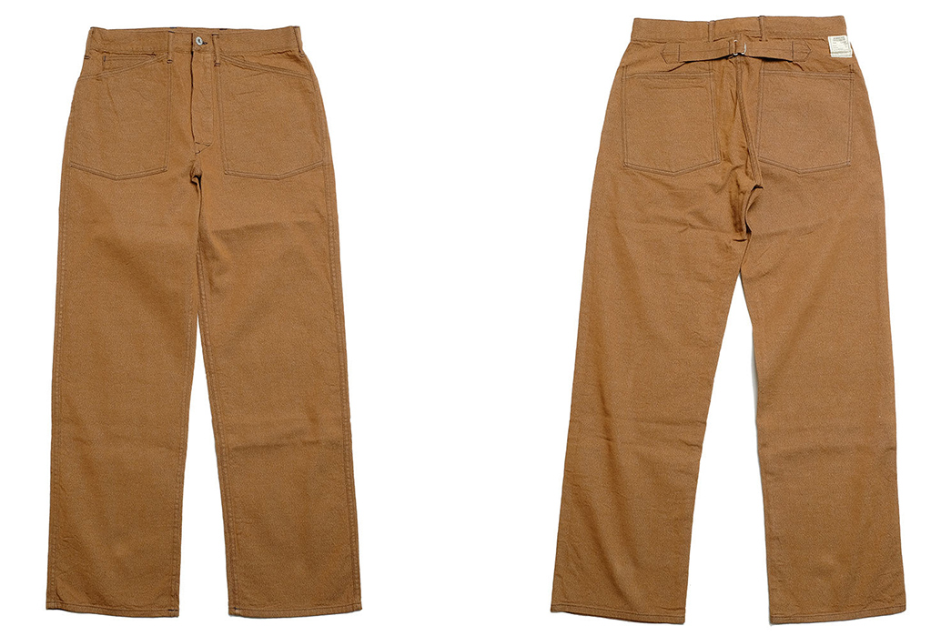 Buzz-Rickson's-Repros-Early-Wartime-Pants-With-WW1-Brown-Denim-Army-Pants-front-back