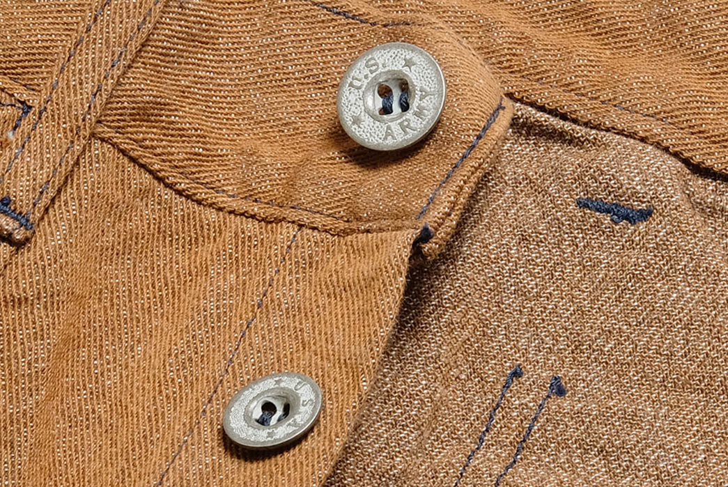 Buzz-Rickson's-Repros-Early-Wartime-Pants-With-WW1-Brown-Denim-Army-Pants-front-buttons