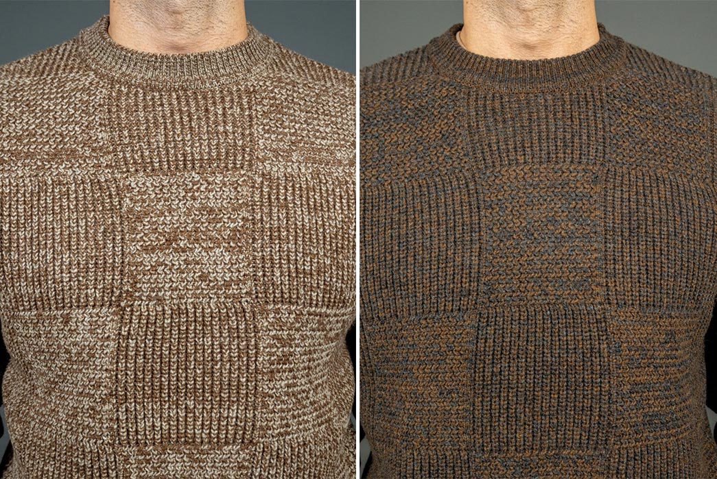 Get-Gaudy-With-Loop-&-Weft's-Merino-Super-Lamb-Switch-Panel-Sweater-model-fronts-light-and-dark-detailed
