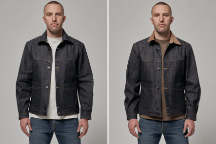 Shockoe-Atelier-Issues-Denim-Blouson-In-14-Oz.-Collect-Mills-model-fronts-white-and-brown-tshirt
