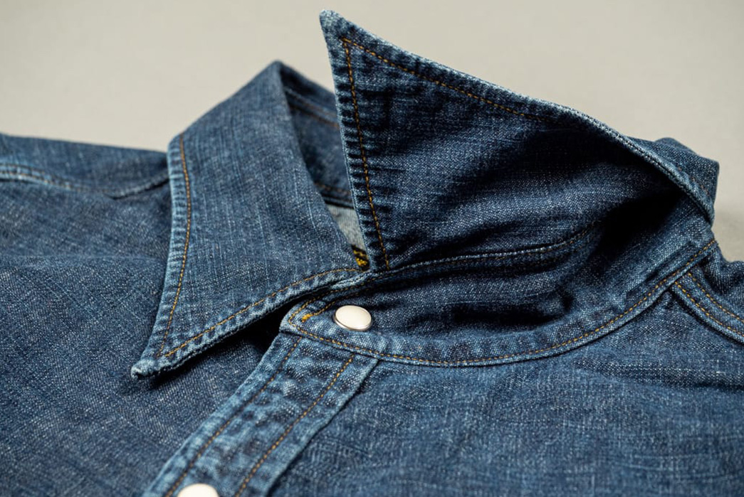 Stevenson-Overall-Co.-Rendered-Its-Cody-Shirt-In-Faded-Indigo-front-collar-up