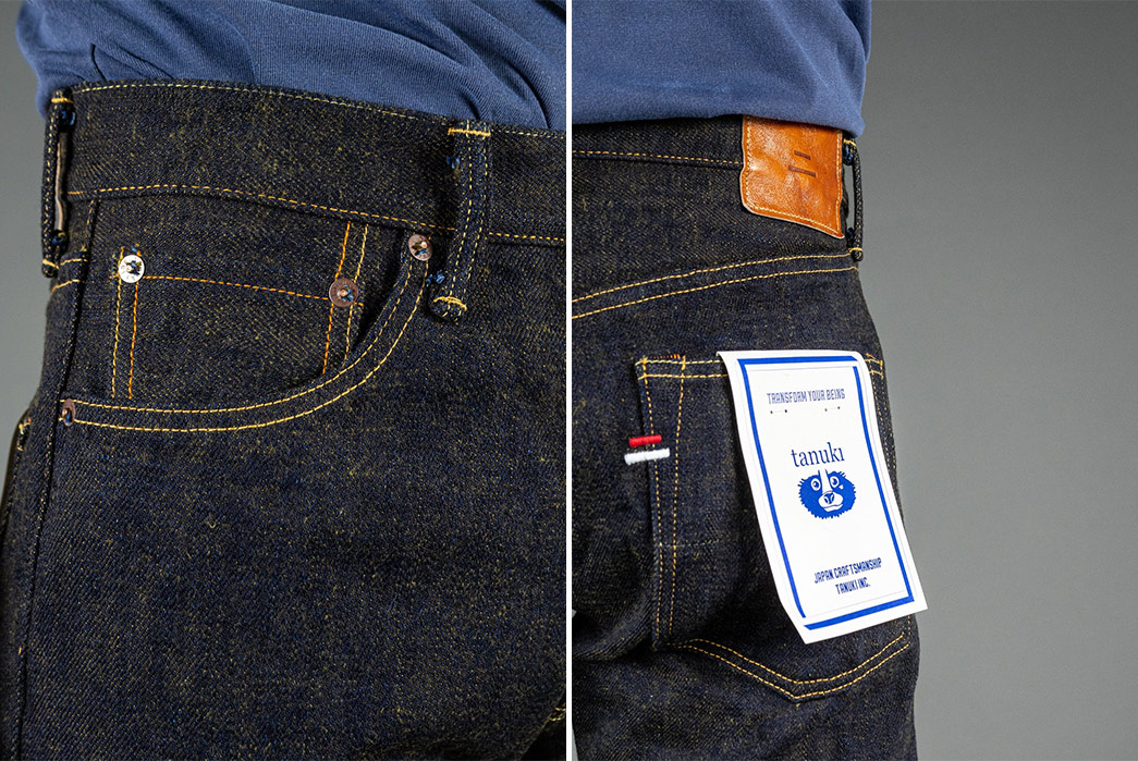 Tanuki's-Heavy-Kusaki-Regular-Jeans-Are-Partially-Dyed-With-Pomegranate-Skin-model-front-and-back-pockets