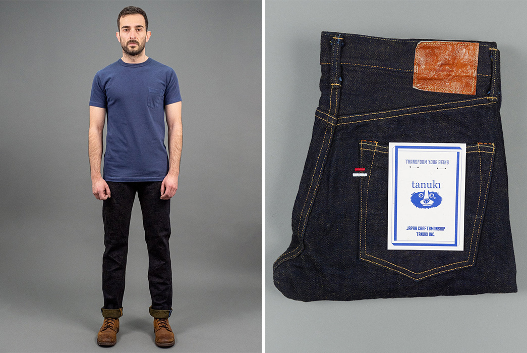 Tanuki's-Heavy-Kusaki-Regular-Jeans-Are-Partially-Dyed-With-Pomegranate-Skin-model-front-and-folded