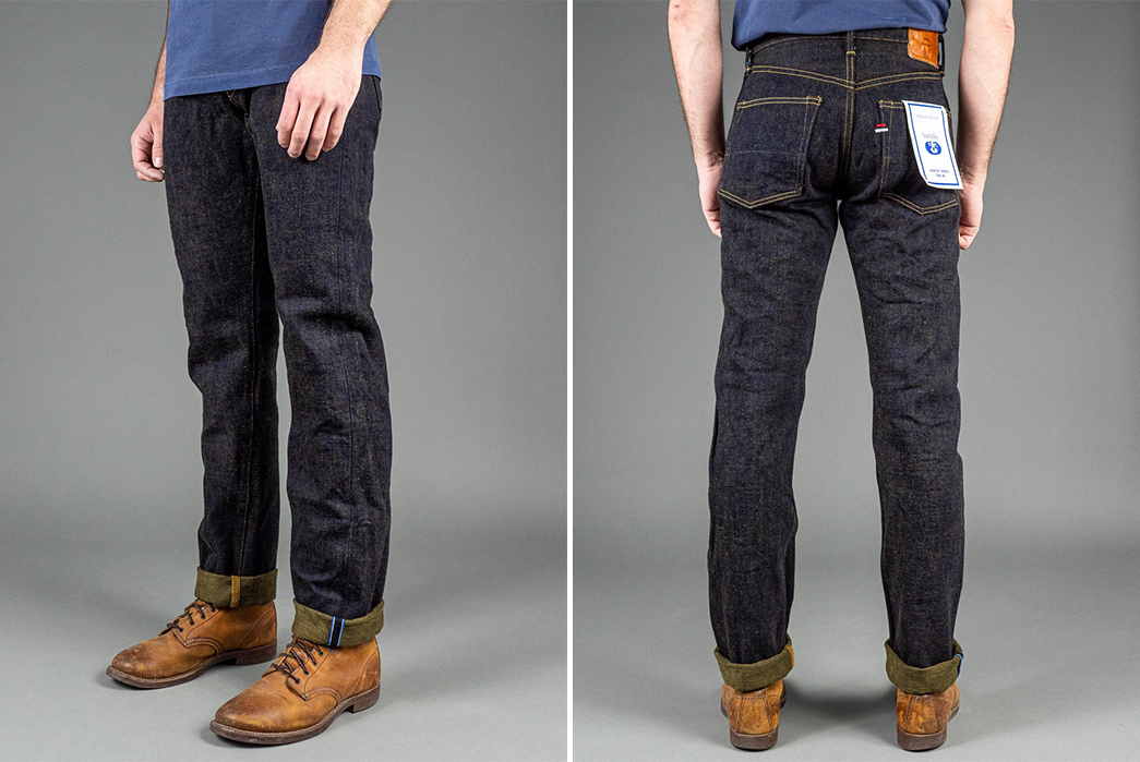 Tanuki's-Heavy-Kusaki-Regular-Jeans-Are-Partially-Dyed-With-Pomegranate-Skin-model-front-side-and-back