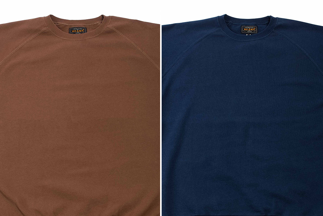 Beams-Plus-Preps-For-Summer-With-Cut-Off-Raglan-Sweat-brown-and-blue-collar