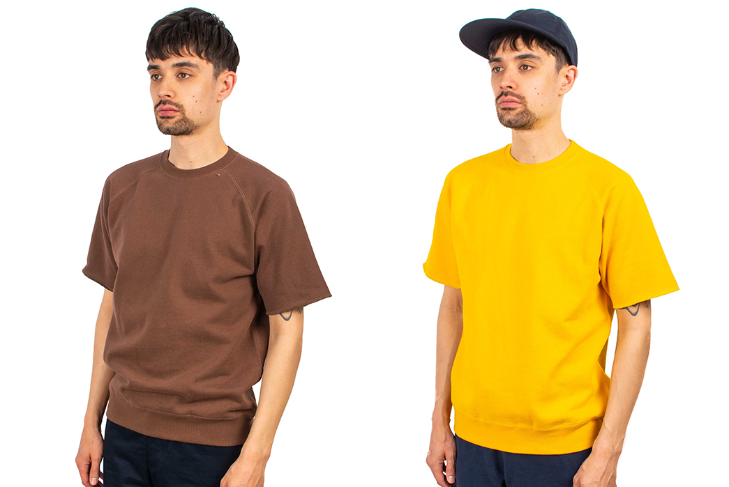 Beams-Plus-Preps-For-Summer-With-Cut-Off-Raglan-Sweat-model-front-side-brown-and-yellow