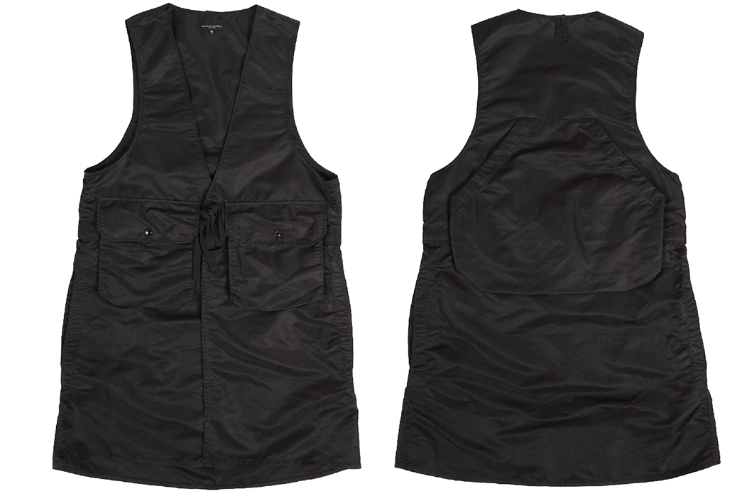 Lightweight-Vests---Five-Plus-one-Plus-One---Engineered-Garments-Long-Fowl-Vest-'Black-Flight-Satin-Nylon'