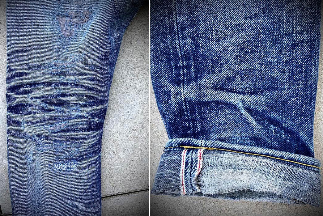 Fade-Friday---Iron-Heart-x-Self-Edge-SExIH22-301s-(9-Years,-7-Washes,-1-Soak)-leg-and-leg-selvedge