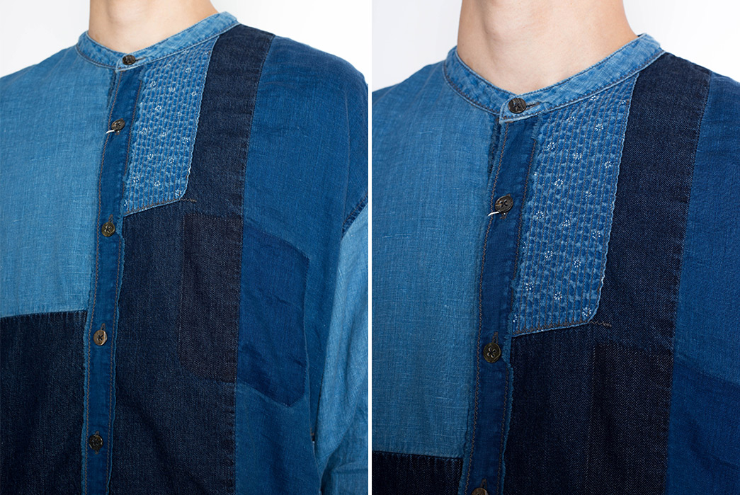 Kapital-Rendered-Its-Iconic-Cotton-Linen-Patchwork-In-a-Slouchy-Band-Collar-Shirt-model-front-detailed