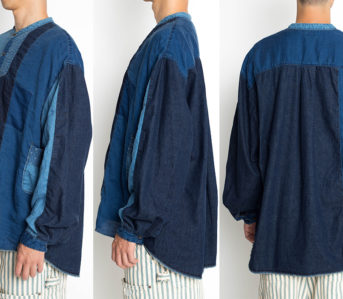 Kapital-Rendered-Its-Iconic-Cotton-Linen-Patchwork-In-a-Slouchy-Band-Collar-Shirt-model-front-side-back