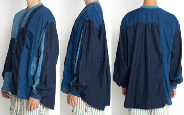Kapital-Rendered-Its-Iconic-Cotton-Linen-Patchwork-In-a-Slouchy-Band-Collar-Shirt-model-front-side-back
