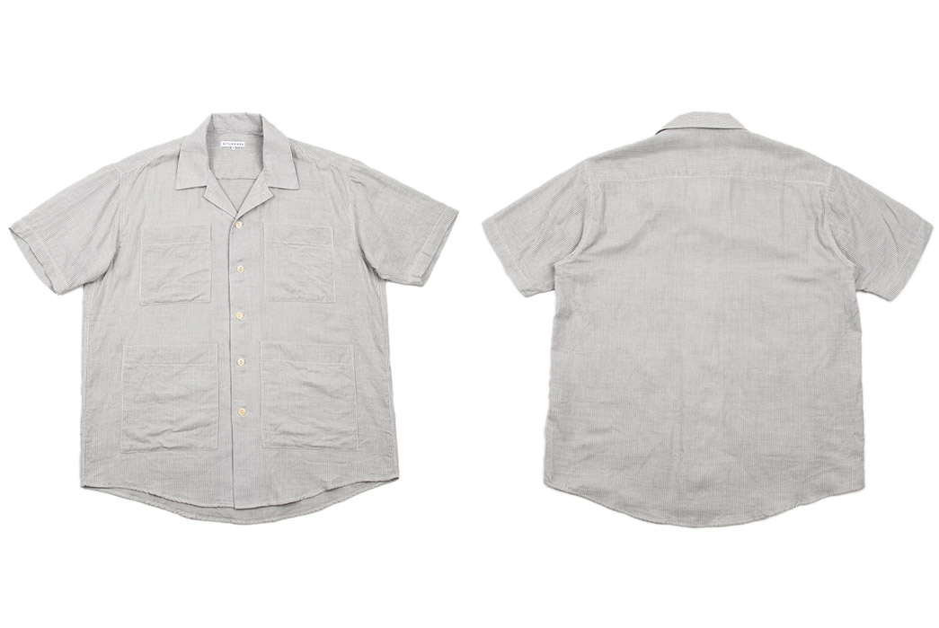Short-Sleeved-Camp-Collar-Shirts---Five-Plus-One-3)-Blluemade-Noguchi-Shirt---Gray-Stripe-Double-Cloth