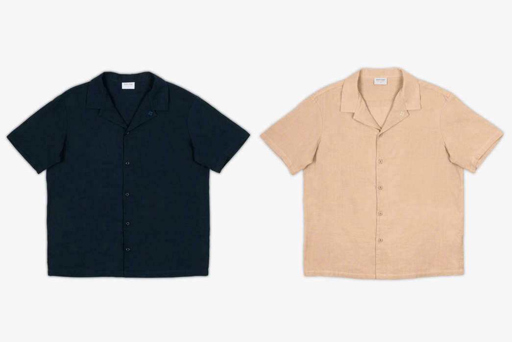 AKASHI-KAMA's-Camp-Collar-Shirt-Is-Made-In-USA-From-Japanese-Cotton-blue-and-beige-fronts