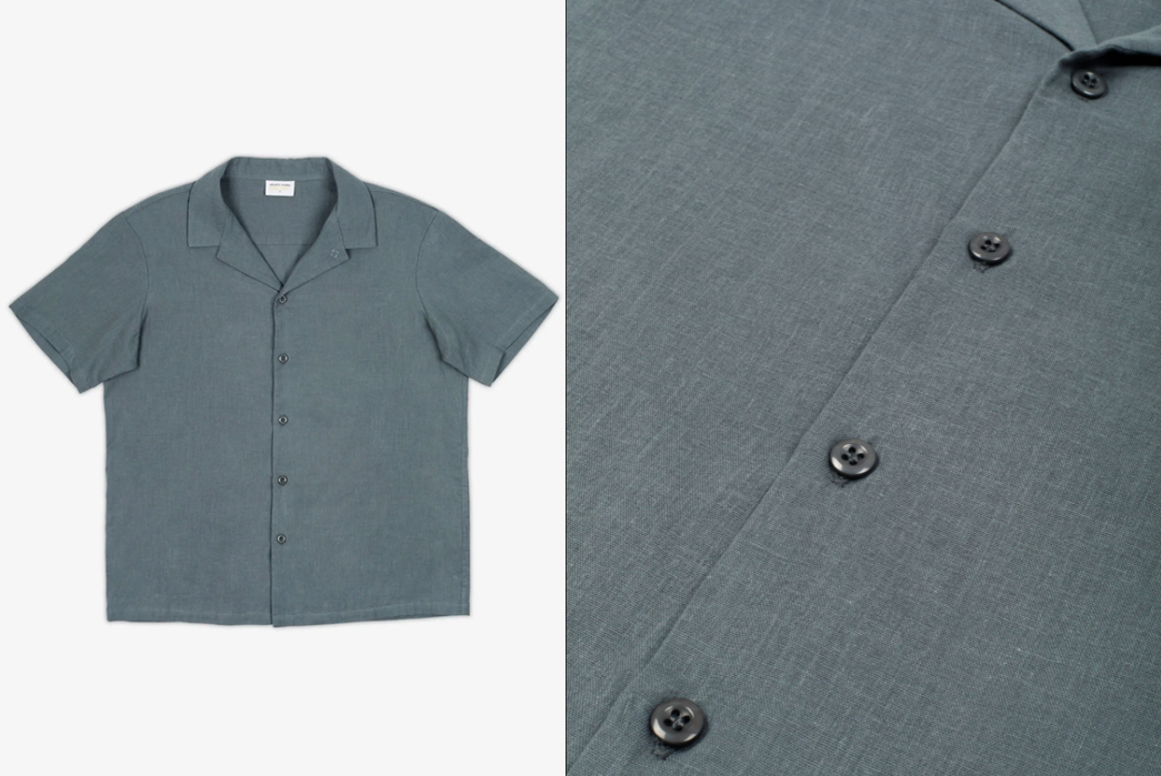 AKASHI-KAMA's-Camp-Collar-Shirt-Is-Made-In-USA-From-Japanese-Cotton-grey-front-and-front-detailed