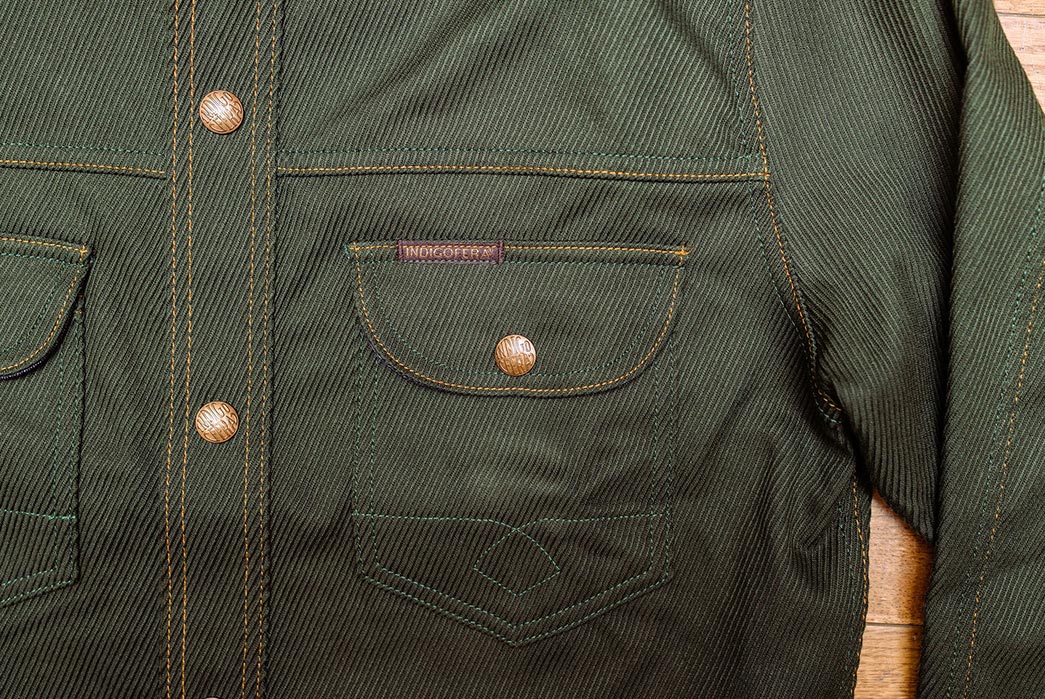 Indigofera-Renders-Its-Staple-Fargo-Shirt-In-Green-Cotton-Kersey-front-pocket-and-buttons
