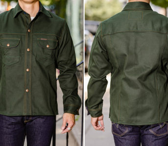 Indigofera-Renders-Its-Staple-Fargo-Shirt-In-Green-Cotton-Kersey-model-front-back