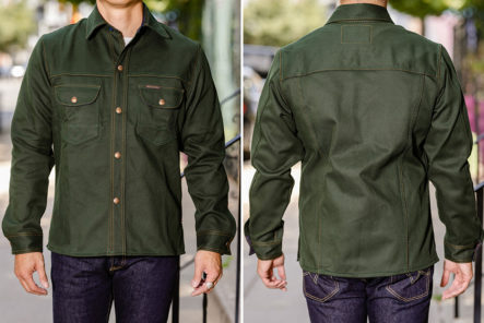 Indigofera-Renders-Its-Staple-Fargo-Shirt-In-Green-Cotton-Kersey-model-front-back