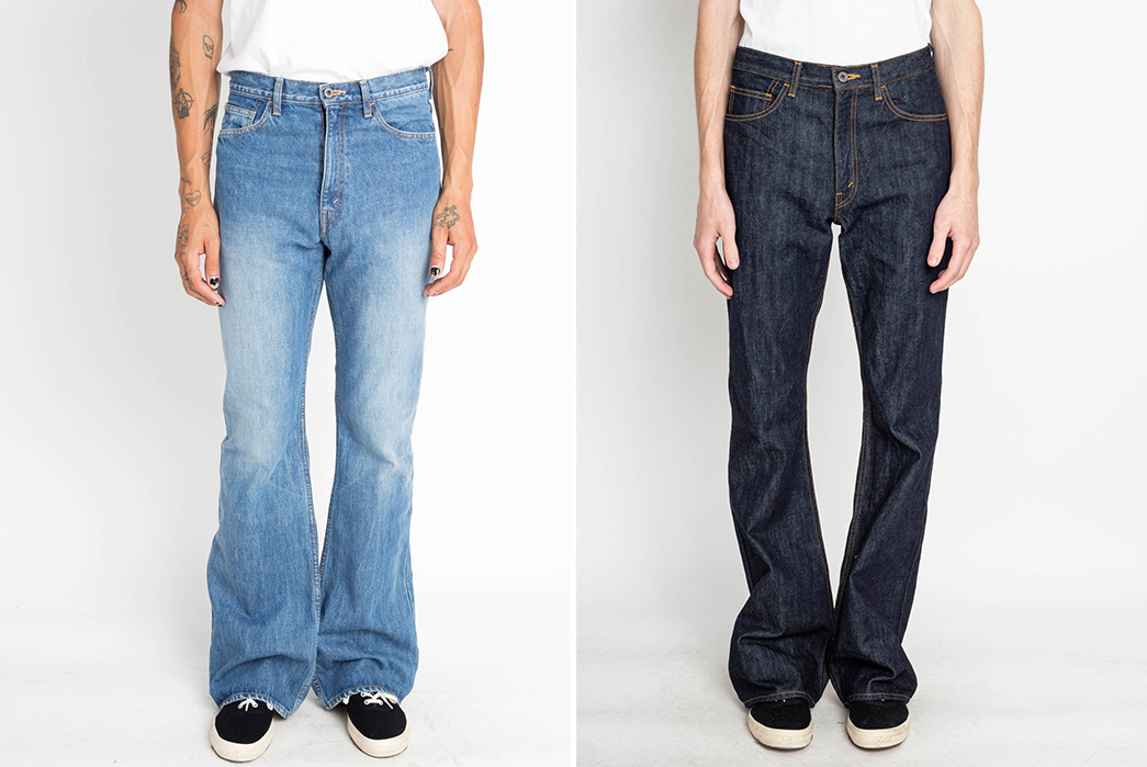 Kapital-Keeps-The-Flare-Train-Rolling-With-Its-14-Oz.-Denim-5P-RAT-Flare-Pants-model-front-light-and-dark-blue