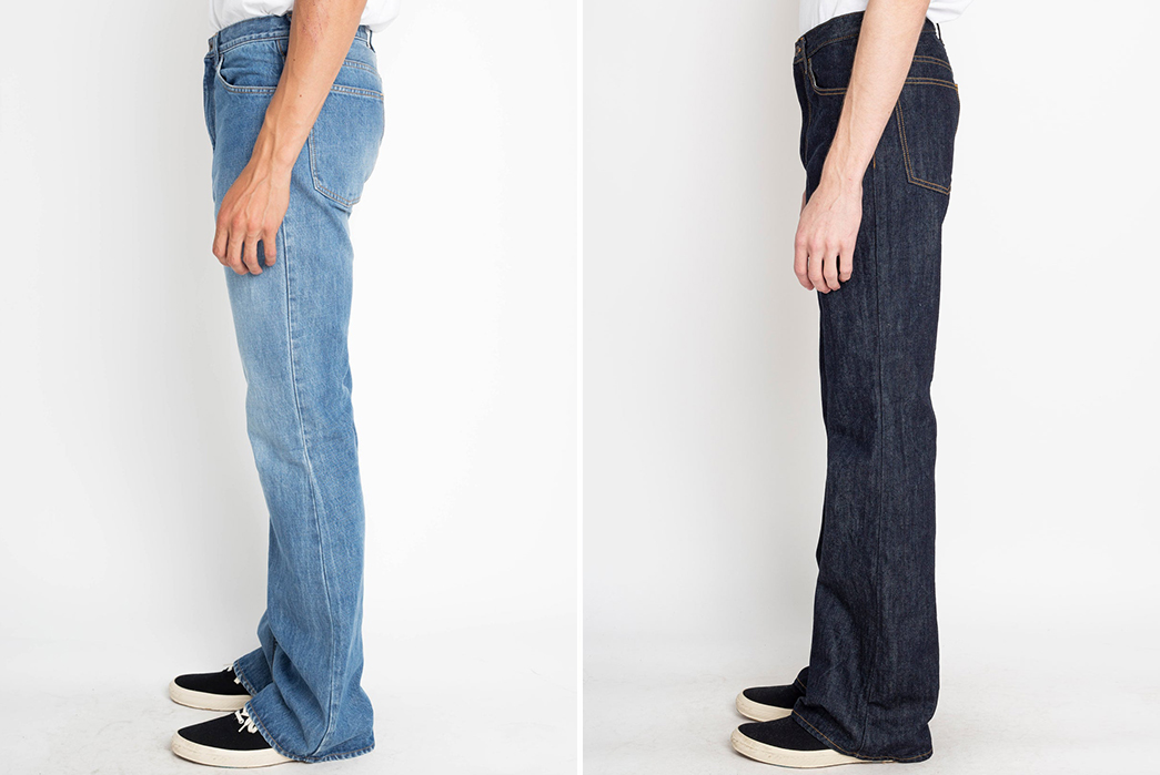 Kapital-Keeps-The-Flare-Train-Rolling-With-Its-14-Oz.-Denim-5P-RAT-Flare-Pants-model-side-light-and-dark-blue
