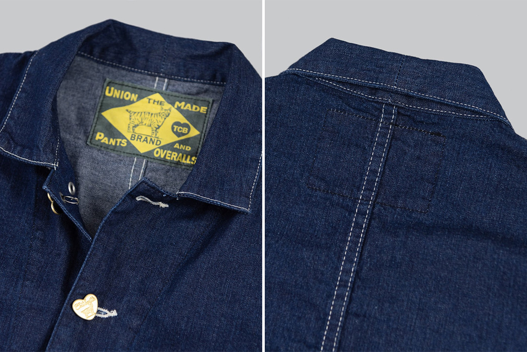 TCB-Reproduces-1920s-Carhartt-Chore-With-Its-'Cathartt'-10-oz.-Denim-Chore-Coat-front-back-top-collar
