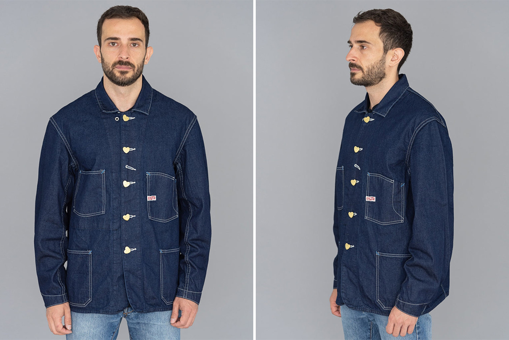 TCB-Reproduces-1920s-Carhartt-Chore-With-Its-'Cathartt'-10-oz.-Denim-Chore-Coat-front-side-model