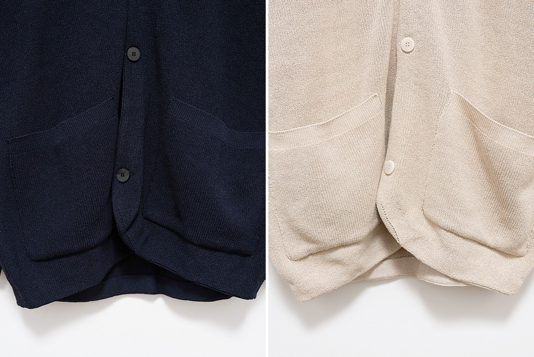 Document's-Hanji-Paper-Cardigan-Is-Partially-Made-From-Paper-front-down-blue-and-beige