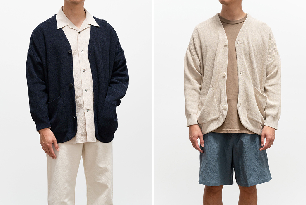 Document's-Hanji-Paper-Cardigan-Is-Partially-Made-From-Paper-model-front-blue-and-beige