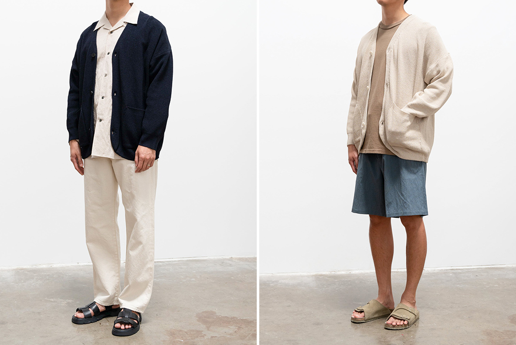 Document's-Hanji-Paper-Cardigan-Is-Partially-Made-From-Paper-model-front-side-blue-and-beige