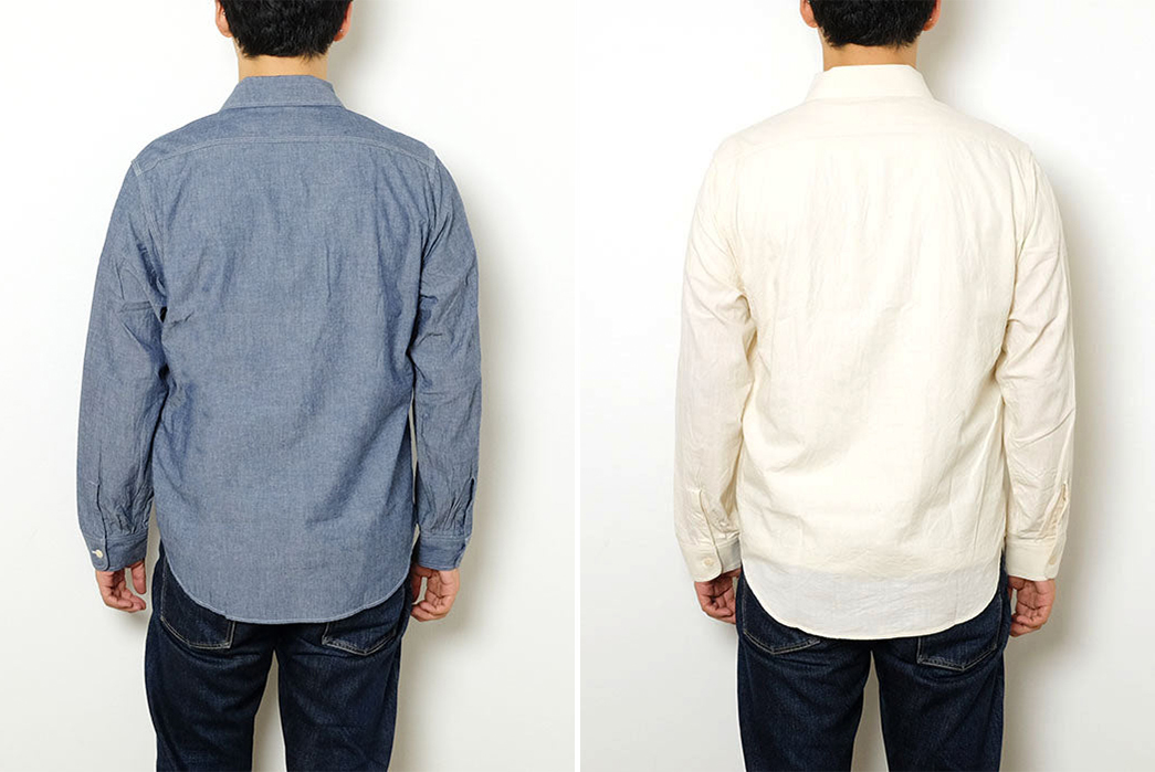 Hinoya-Restocked-Sugar-Cane's-Quintessential-Chambray-Shirt-model-backs-blue-and- light yellow
