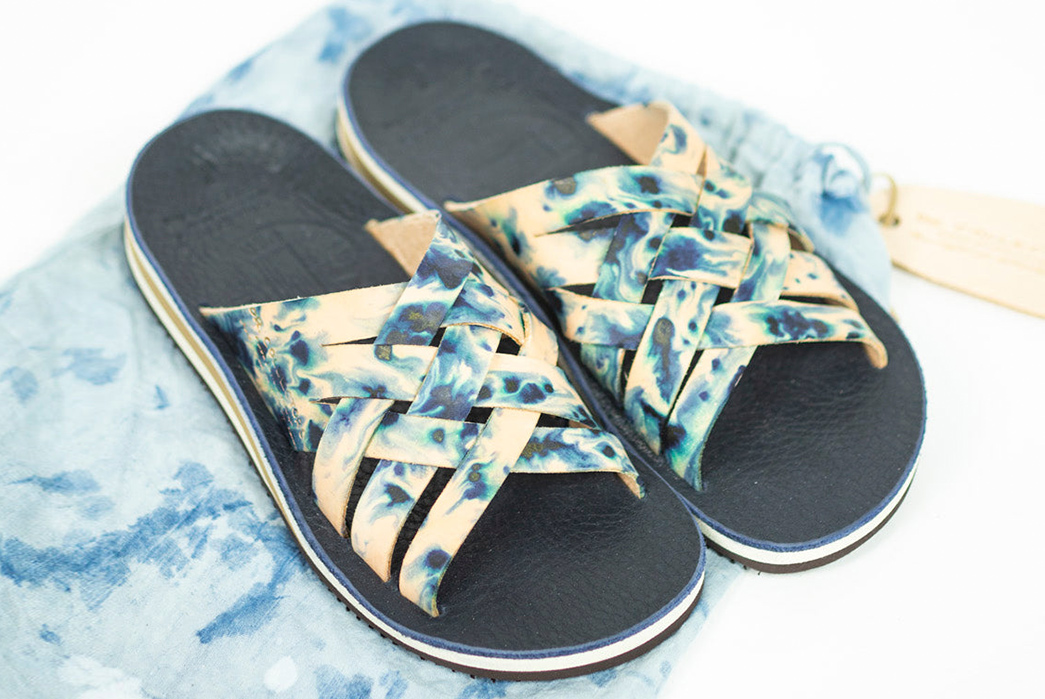 Leather-Slip-On-Sandals---Five-Plus-One-Plus-One---Dr.-Collectors-Vegetable-Tan-Leather-Woven-Sandal-in-Tie-Dye