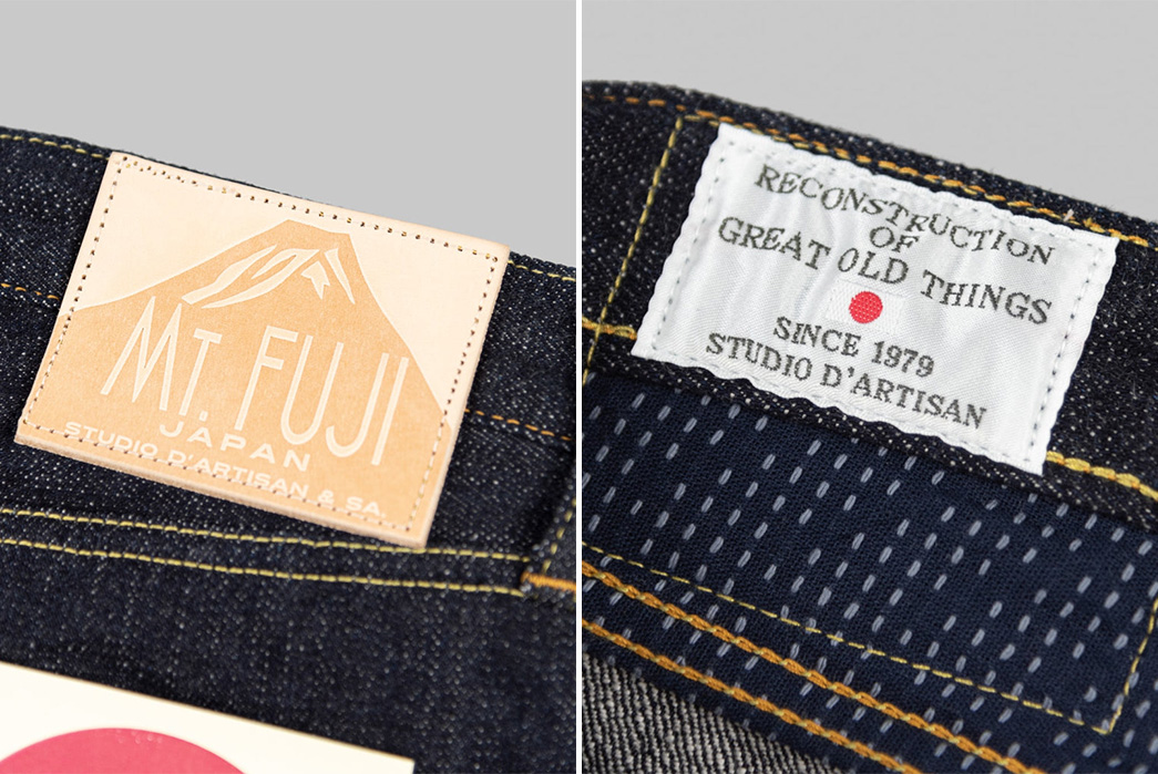 Reach-New-Selvedge-Peaks-With-Studio-D'Artisan's-D1838-Mount-Fuji-Jeans-back-leather-patch-and-inside-label