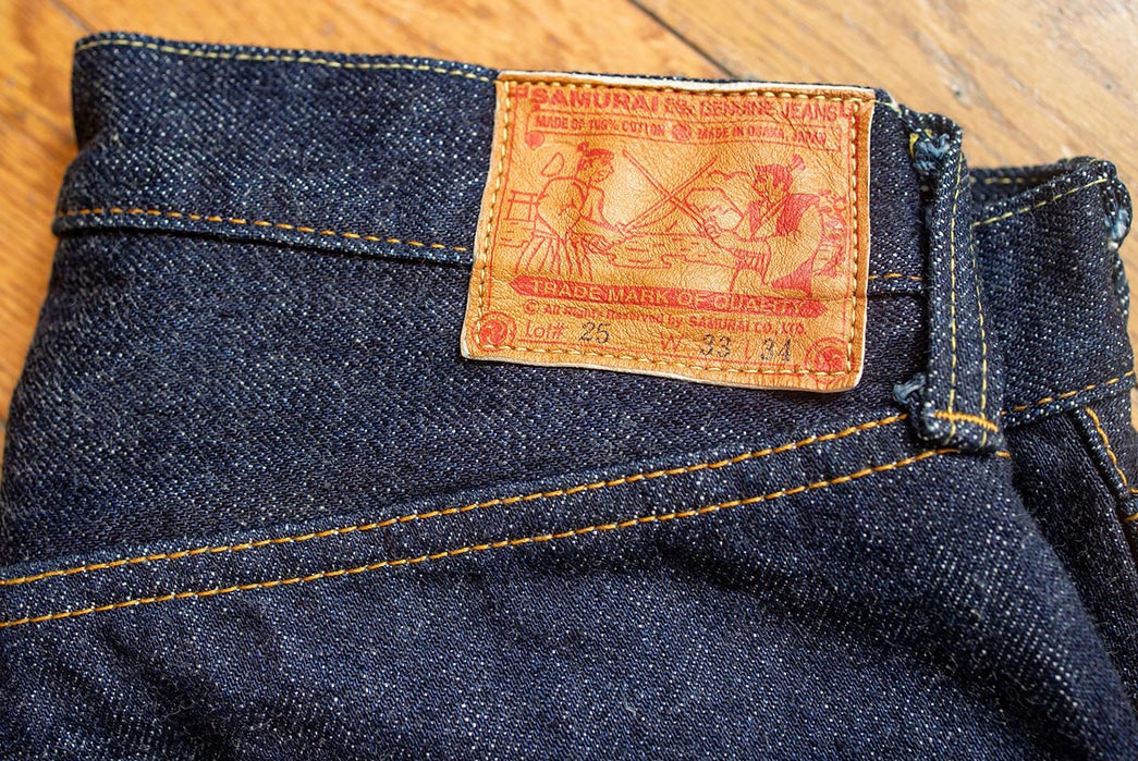 Samurai's-21-Oz.-Cho-Kiwami-Selvedge-Is-Woven-On-Wooden-Shuttle-Looms-back-leather-patch