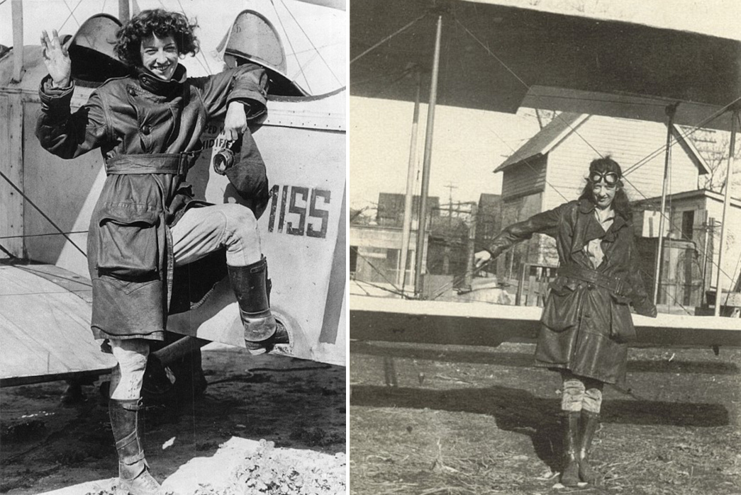 Moments-In-Time---The-Barnstormer-Jacket-Neta-Snook-Southern-in-what-looks-to-be-a-WWI-RFC-Flight-jacket,-1921.-Image-via-Aero-Leathers-(left),-and-another-image-of-Snook-via-HiLobrow-(right)
