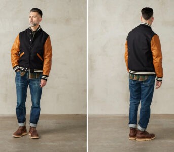 Suit-Up-For-Fall-In-Dehen-1920's-Black-Melton-&-Rust-Varsity-front-and-back-model